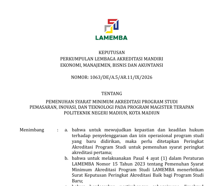 Prodi S2 Terapan Pemasaran, Inovasi, dan Teknologi PNM Resmi Peroleh Akreditasi “Baik” dari LAMEMBA