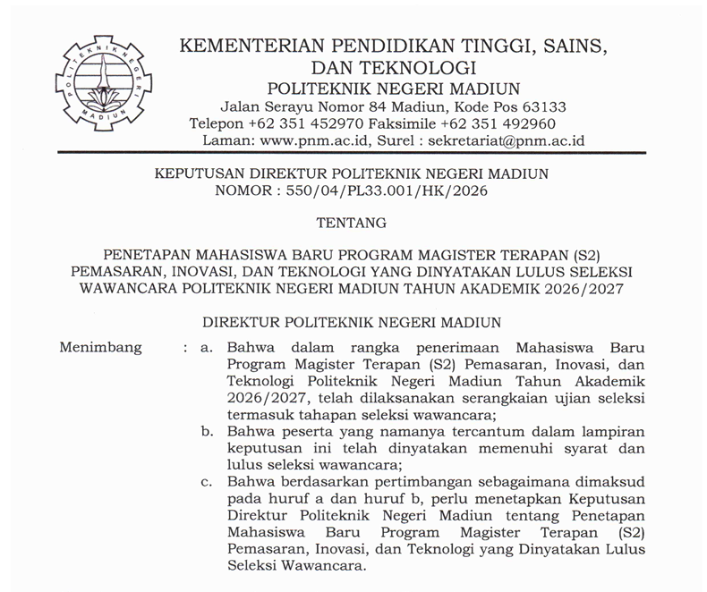 HASIL SELEKSI WAWANCARA DAN PENETAPAN MAHASISWA BARU PROGRAM MAGISTER TERAPAN (S2) PEMASARAN, INOVASI, DAN TEKNOLOGI TAHUN AKADEMIK 2026/2027